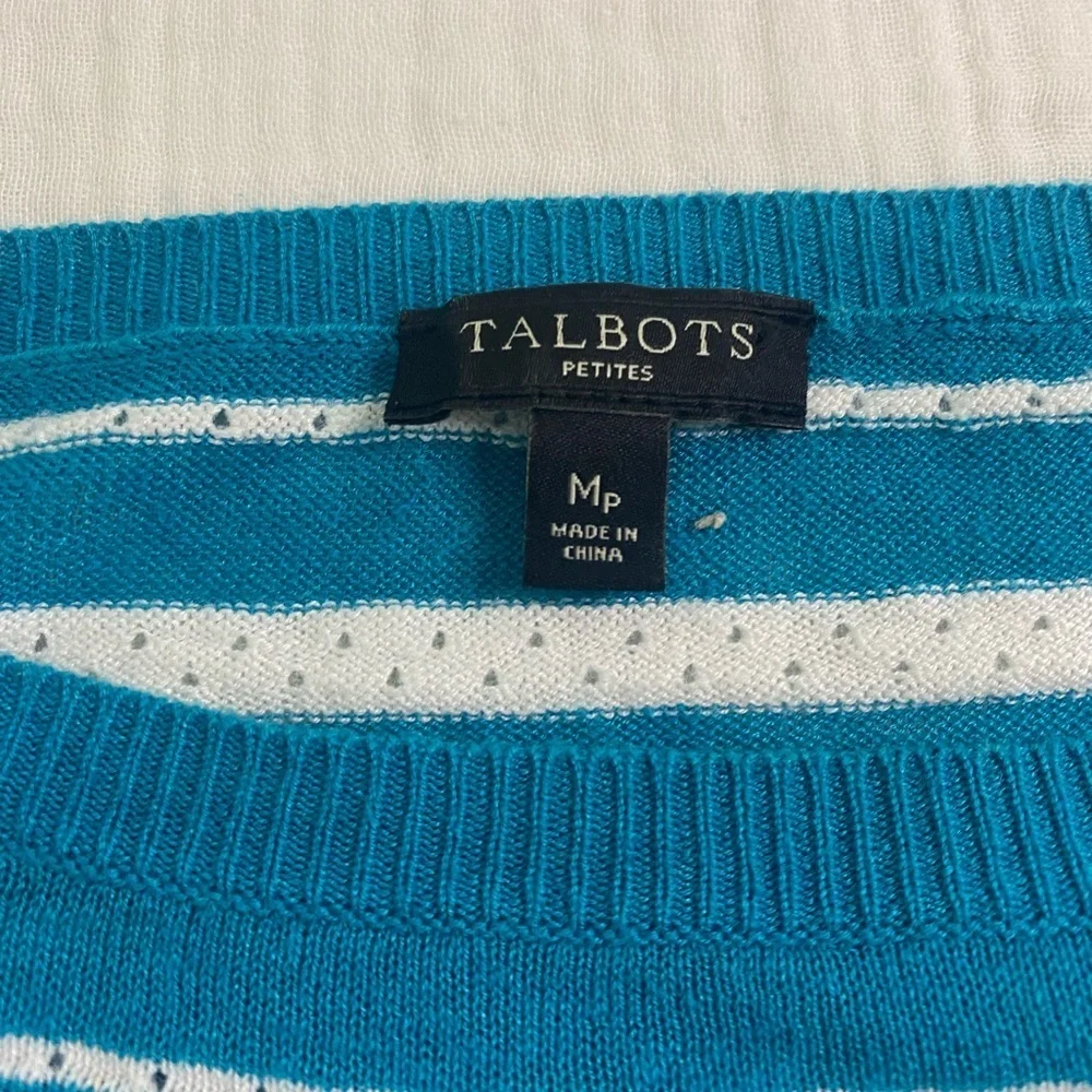 Talbots Sweater Shirt Teal Striped Linen Blend 3/4 Length Medium Petite Coastal - Picture 3 of 16
